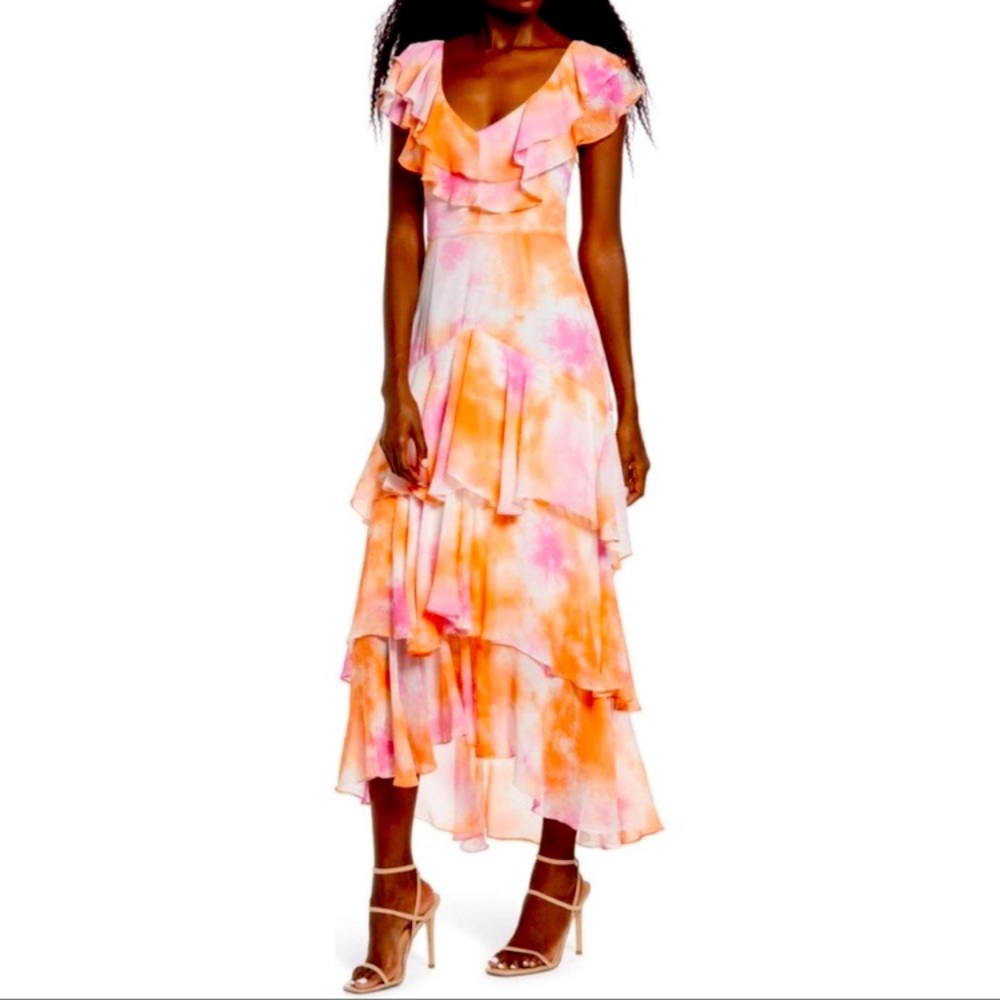 Wayf maxi dress. EUC. Tie dye orange pink white tiered ruffles. Medium.